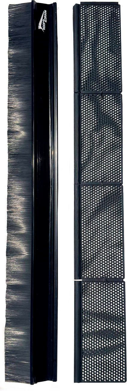 Black plastic mesh gutter guard cover with holes for effective debris protection made by Roof2Drain