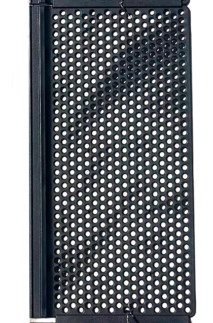 Black plastic mesh gutter guard cover with holes for effective debris protection made by Roof2Drain